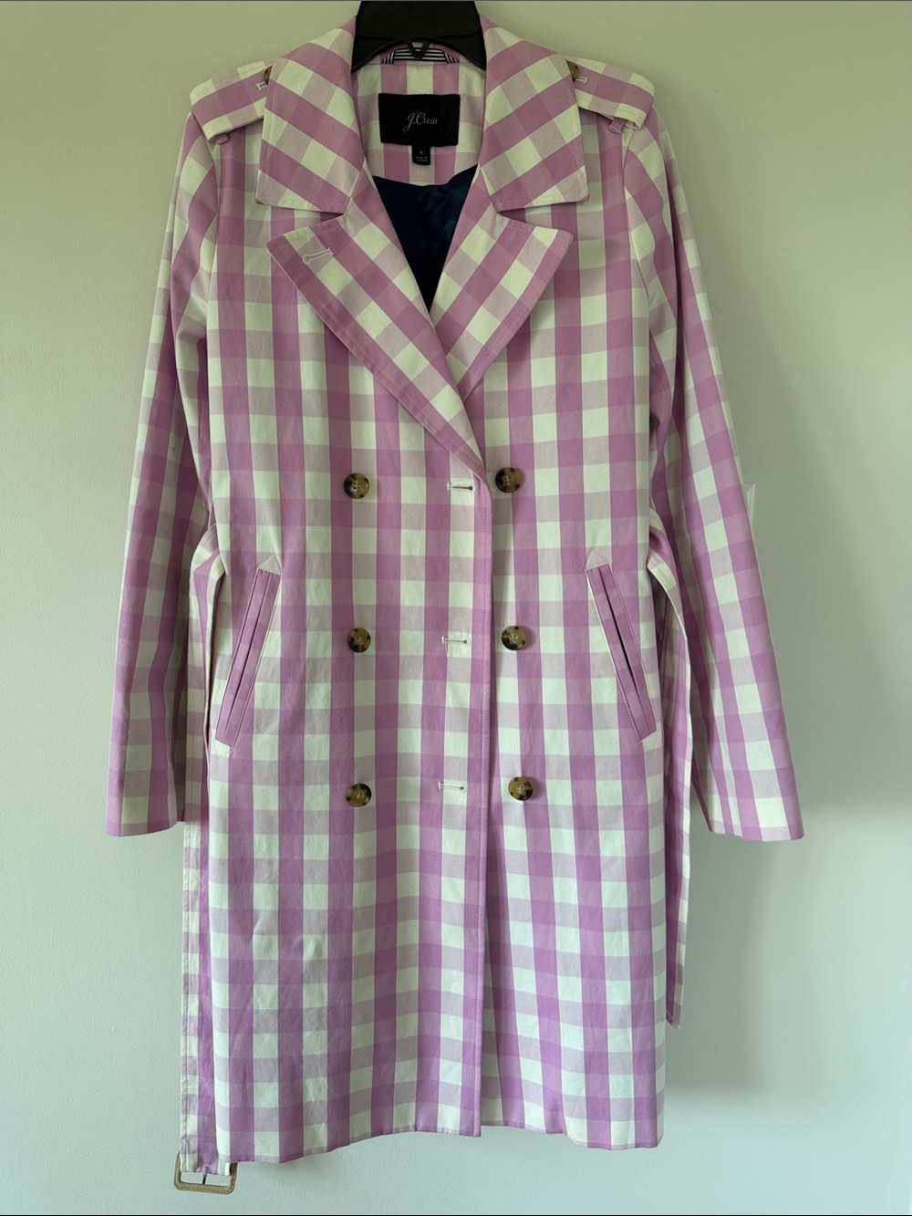 J. Crew Lavender & White Gingham Trench Coat